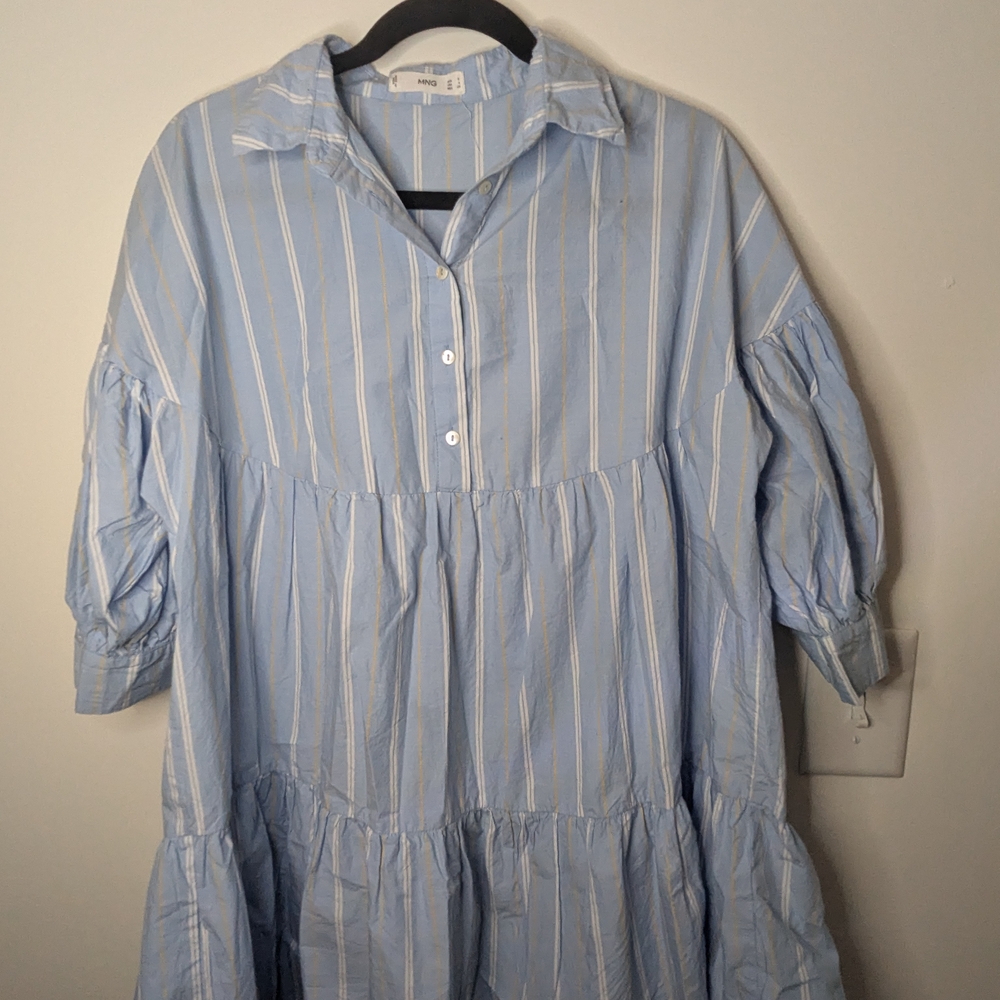 Mango MNG Womens Light Blue and Yellow Striped Babydoll Dress